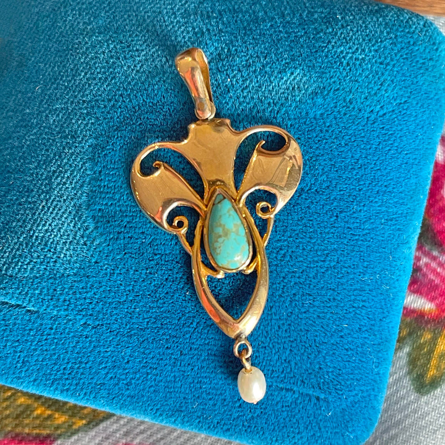 Antique Turquoise Pearl Pendant Edwardian Art Nouveau