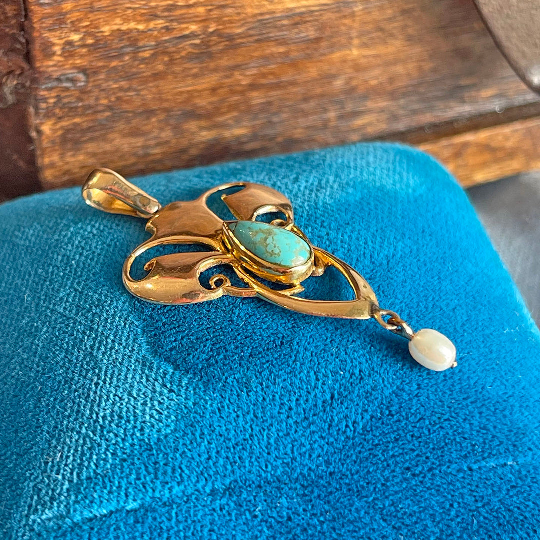 Antique Turquoise Pearl Pendant Edwardian Art Nouveau