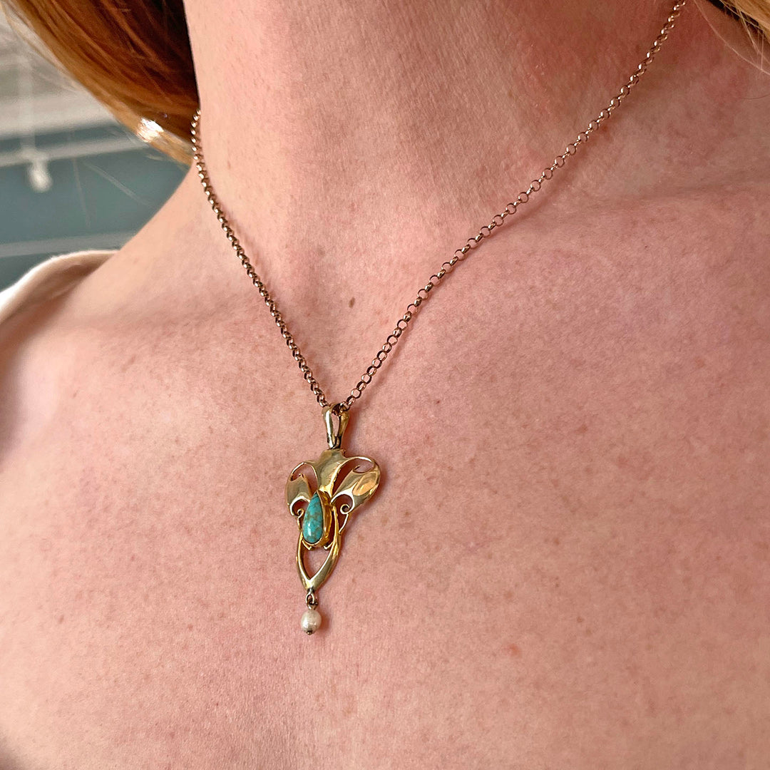 Antique Turquoise Pearl Pendant Edwardian Art Nouveau