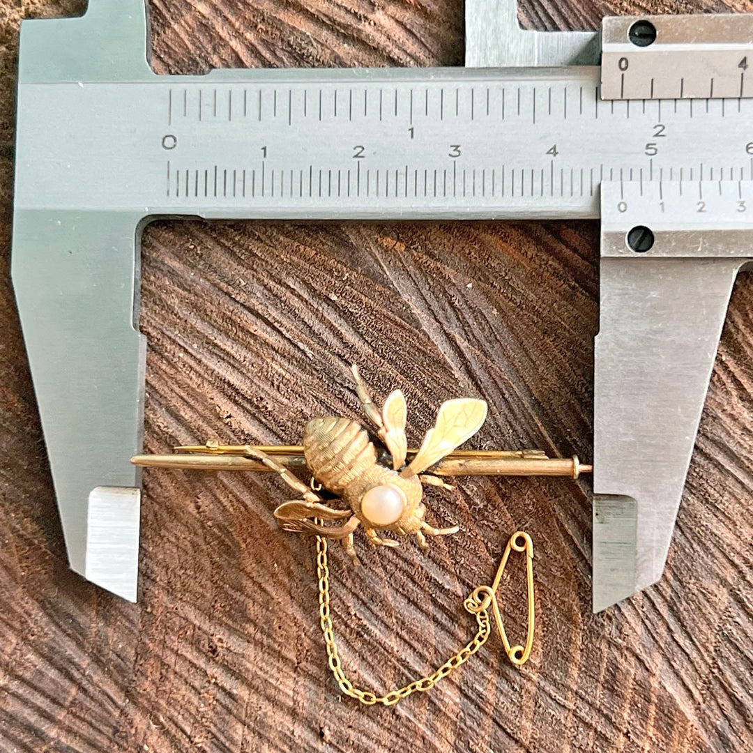 Antique Victorian 15 Karat Gold Pearl Bee Brooch in Original Box c.1880