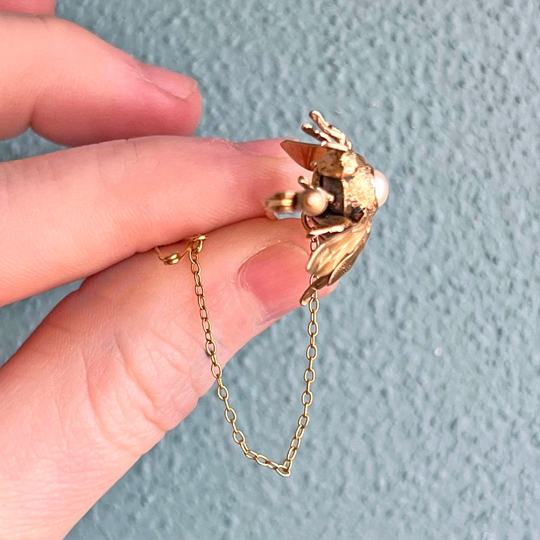 Antique Victorian 15 Karat Gold Pearl Bee Brooch in Original Box c.1880