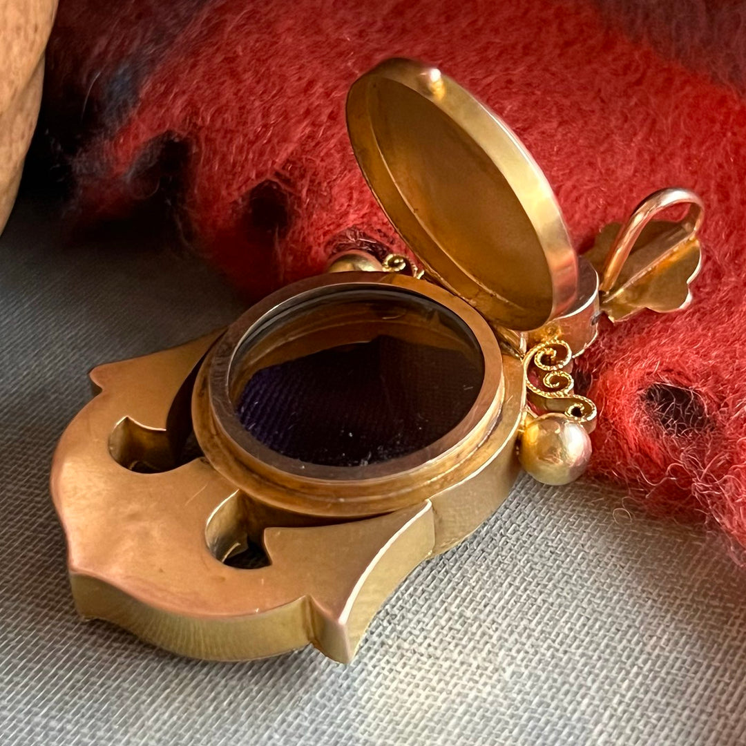 Antique Victorian 15k Gold Locket Pendant Floral Anchor, c.1860