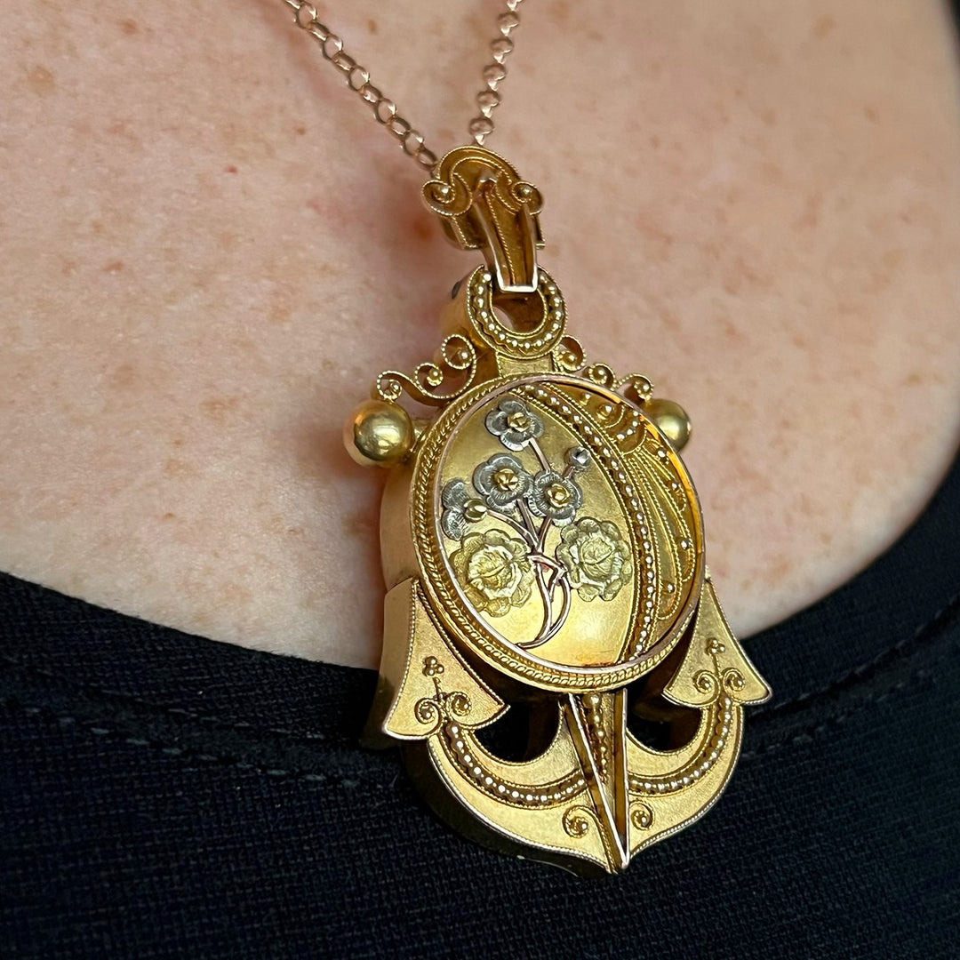 Antique Victorian 15k Gold Locket Pendant Floral Anchor, c.1860