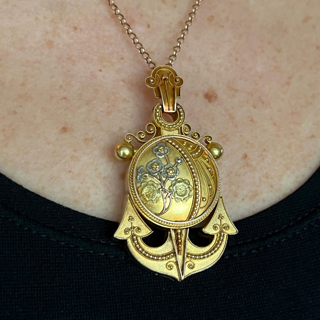 Antique Victorian 15k Gold Locket Pendant Floral Anchor, c.1860