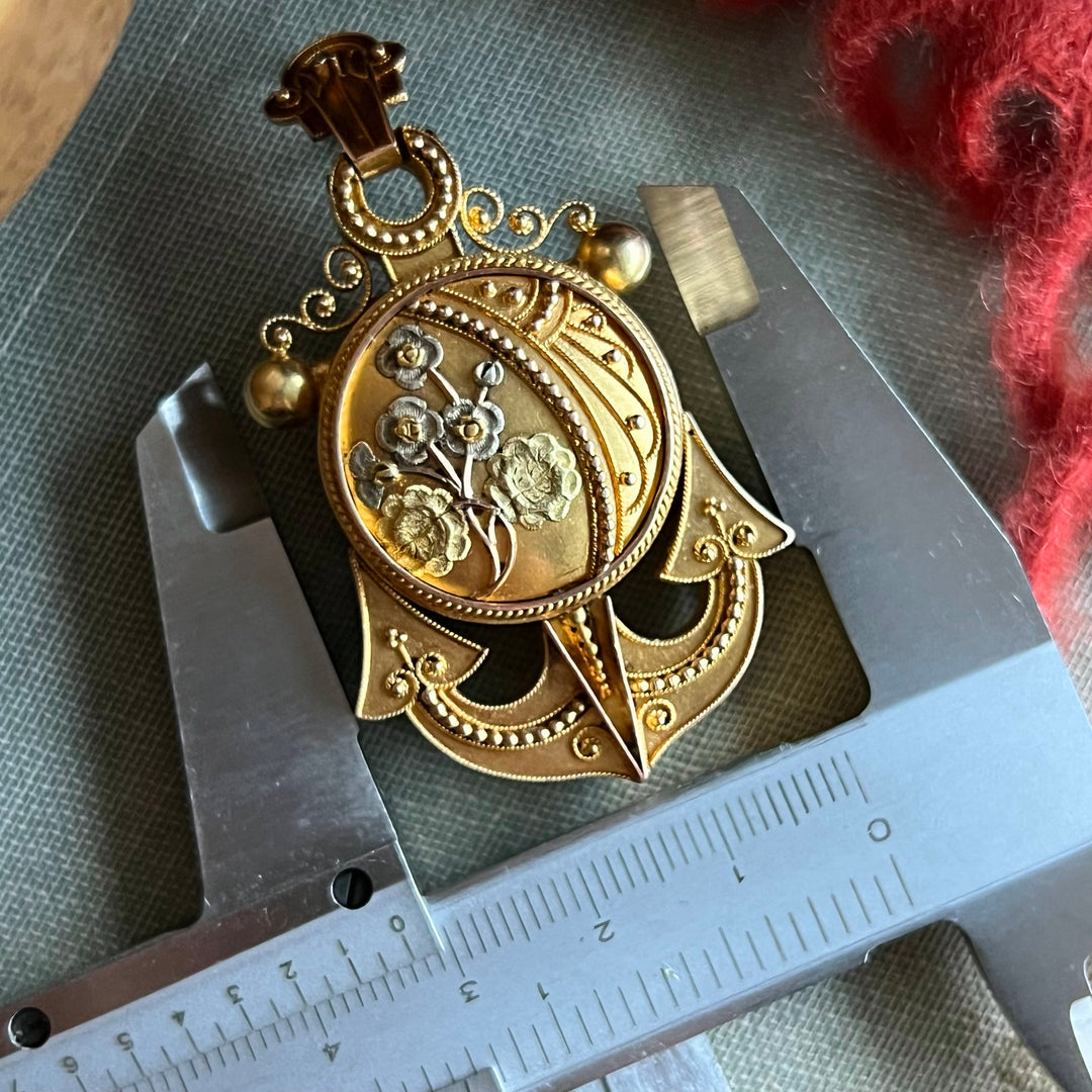 Antique Victorian 15k Gold Locket Pendant Floral Anchor, c.1860