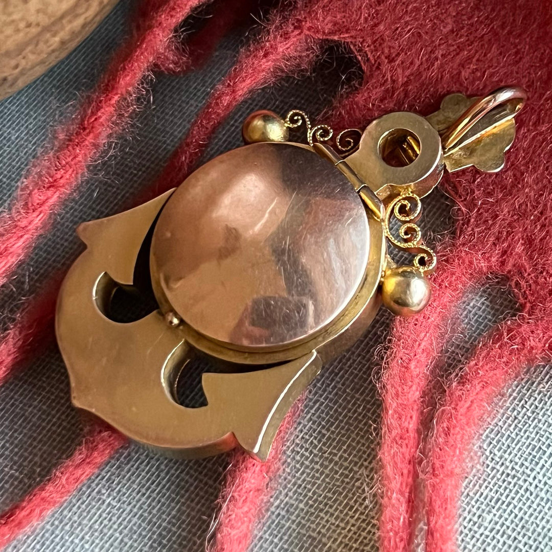 Antique Victorian 15k Gold Locket Pendant Floral Anchor, c.1860