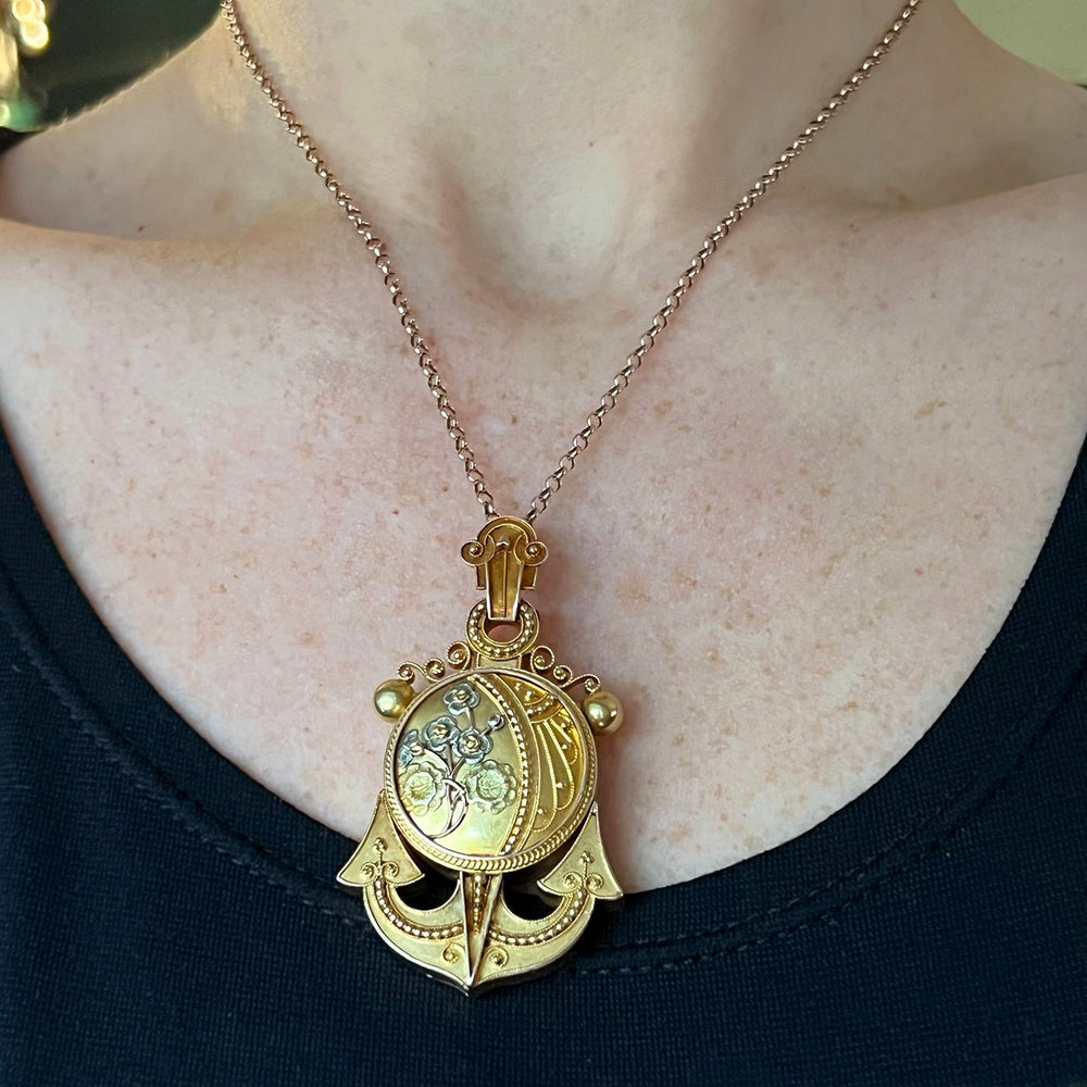 Antique Victorian 15k Gold Locket Pendant Floral Anchor, c.1860