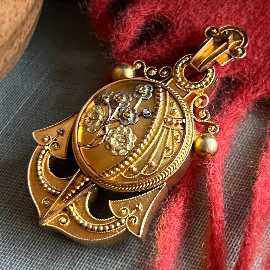 Antique Victorian 15k Gold Locket Pendant Floral Anchor, c.1860