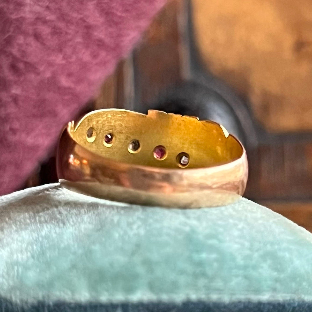 Antique Victorian ruby and diamond five stone ring in 15k gold Birmingham 1897 with three red rubies and two old cut diamonds