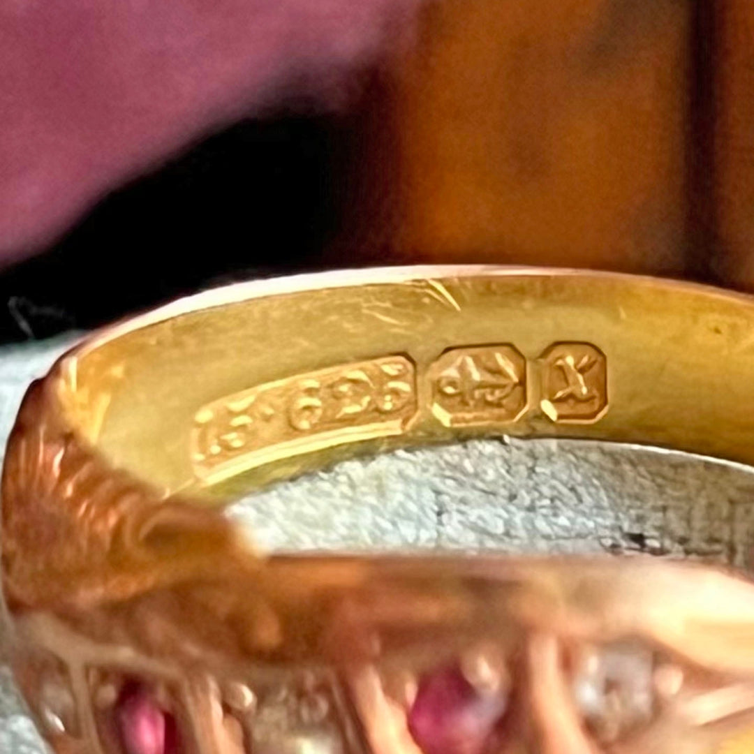 Antique Victorian ruby and diamond five stone ring in 15k gold Birmingham 1897 with three red rubies and two old cut diamonds