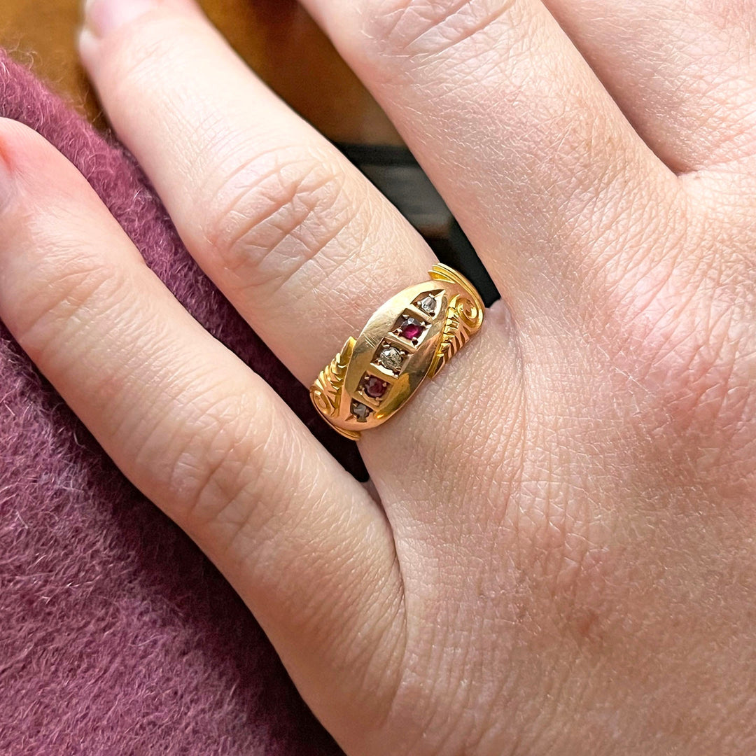 Antique Victorian ruby and diamond five stone ring in 15k gold Birmingham 1897 with three red rubies and two old cut diamonds