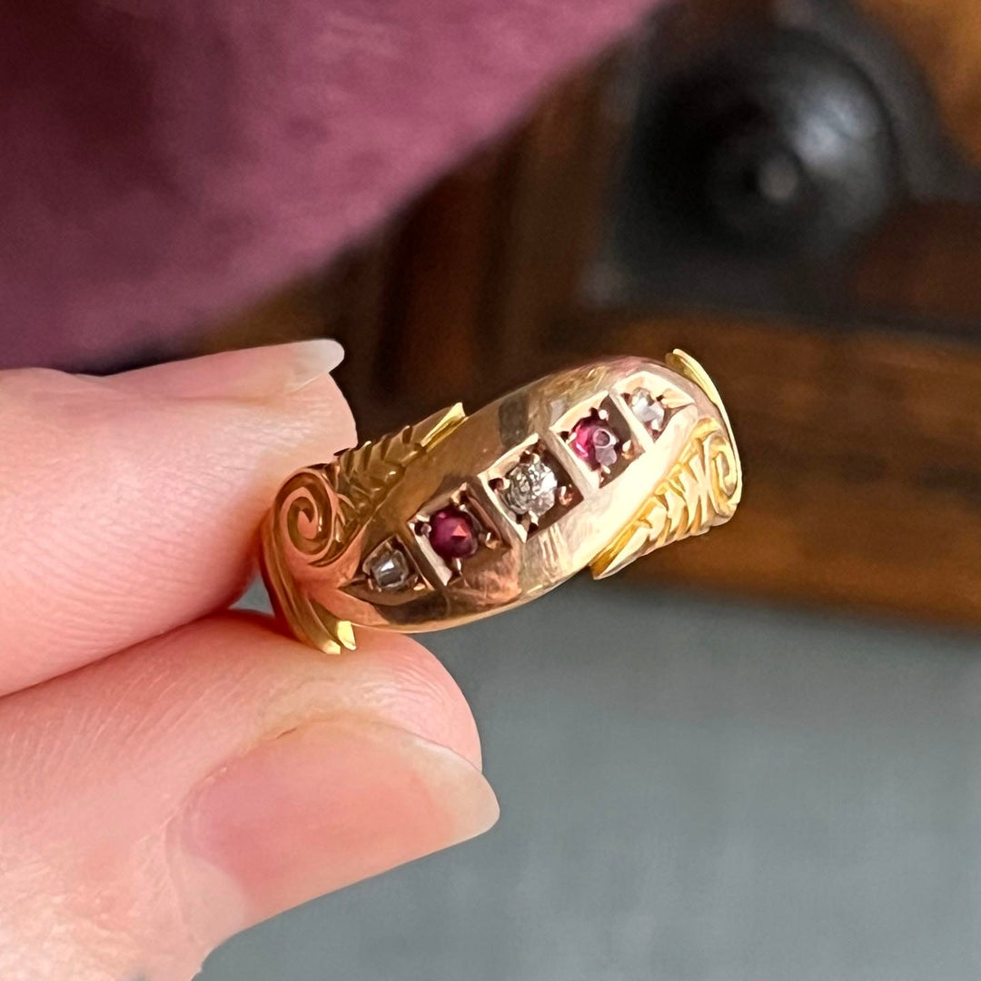 Antique Victorian ruby and diamond five stone ring in 15k gold Birmingham 1897 with three red rubies and two old cut diamonds