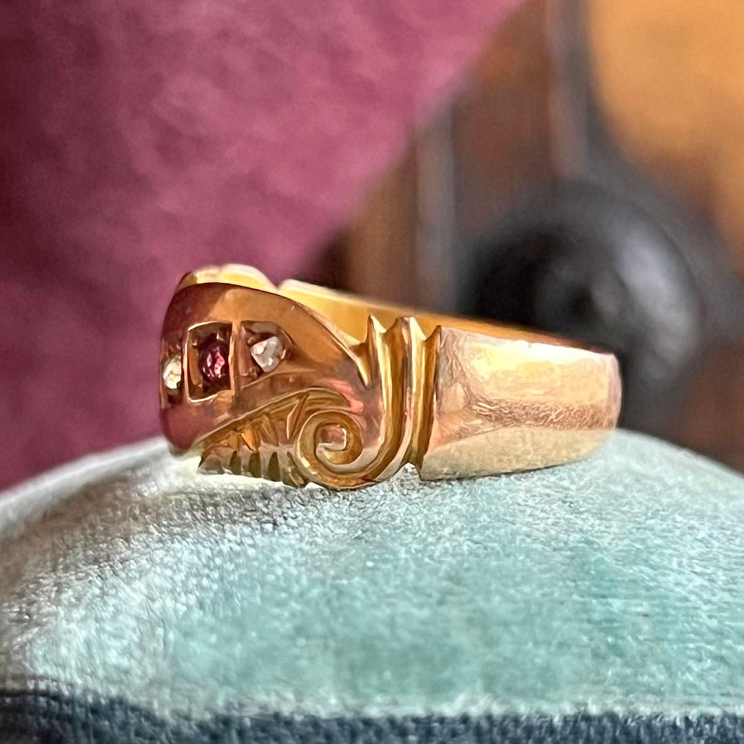 Antique Victorian ruby and diamond five stone ring in 15k gold Birmingham 1897 with three red rubies and two old cut diamonds