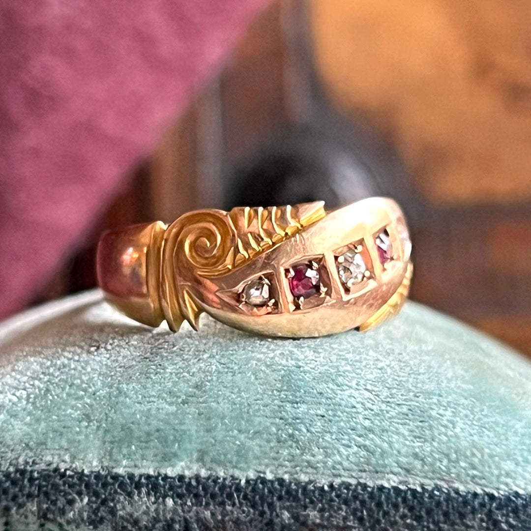 Antique Victorian ruby and diamond five stone ring in 15k gold Birmingham 1897 with three red rubies and two old cut diamonds