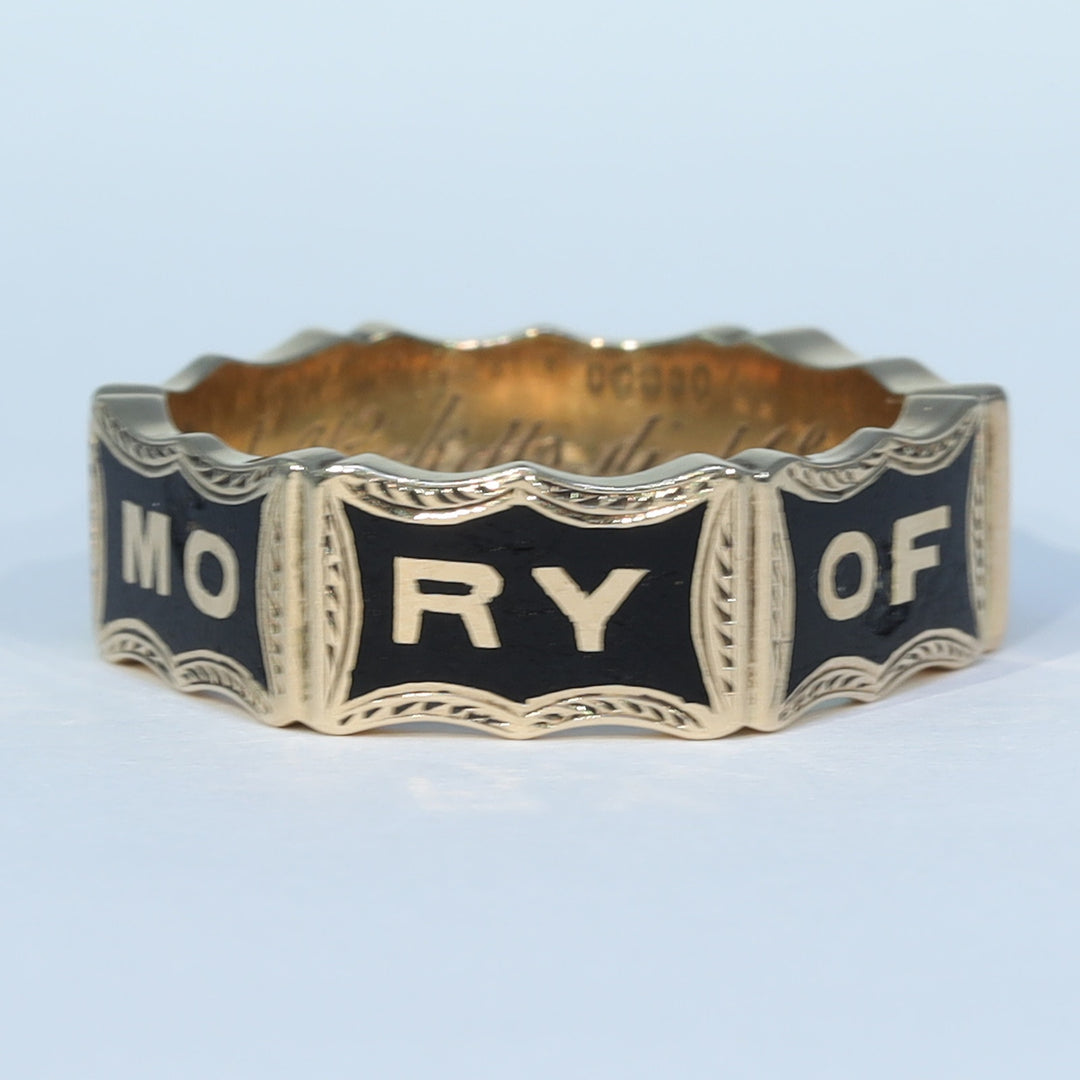 Black enamel Victorian mourning ring with garnet