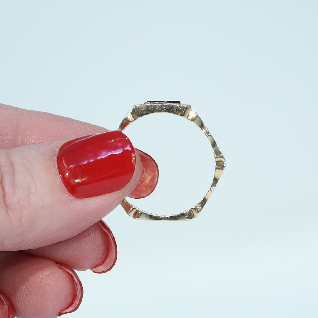 Antique Victorian 18 karat gold enamel garnet mourning ring