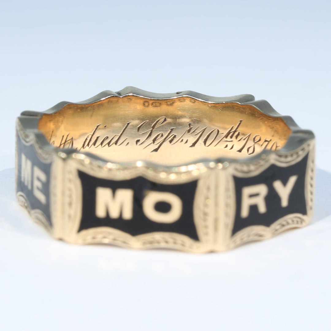 Victorian black enamel and garnet memorial ring dated 1869