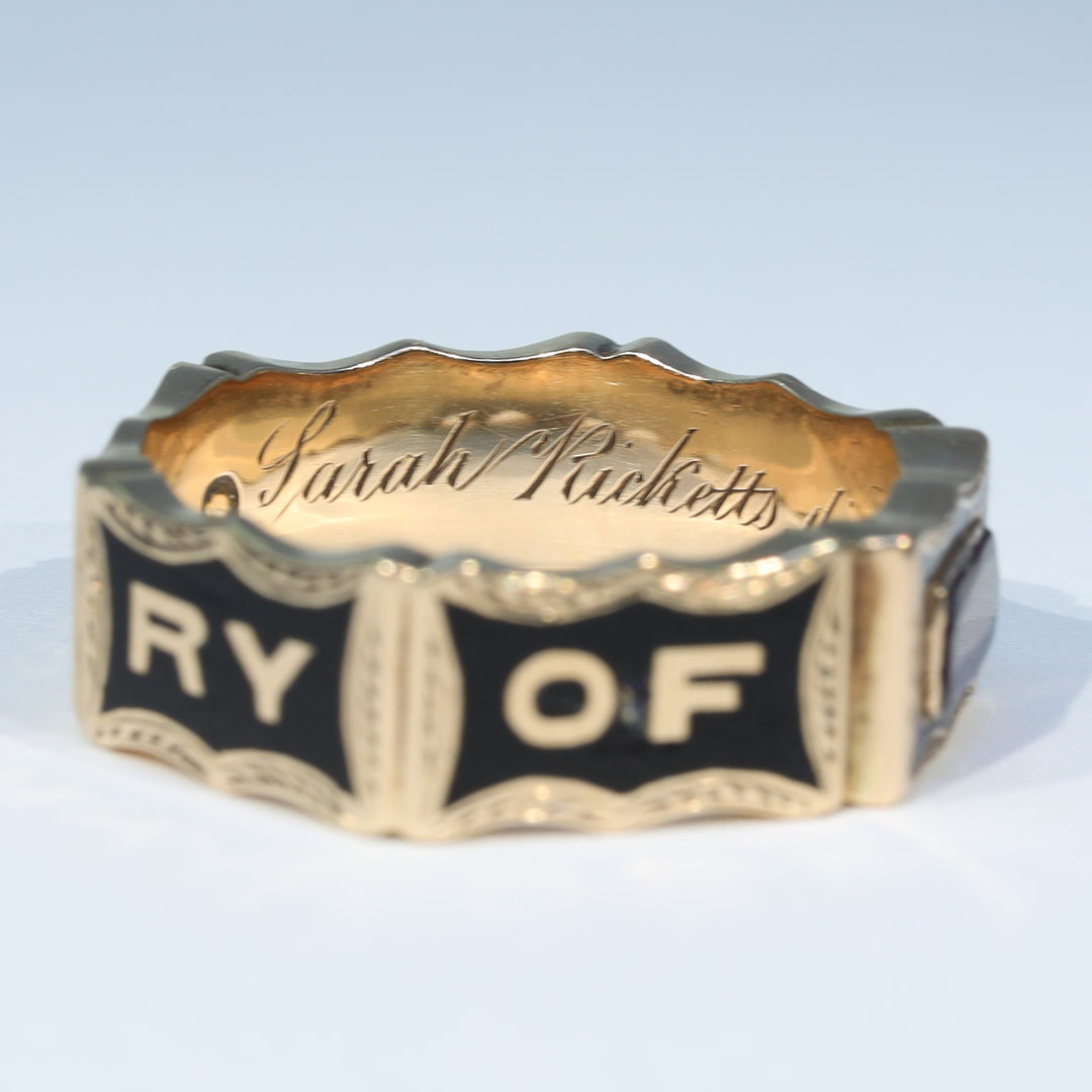 Antique 18 karat gold mourning ring for Sarah Ricketts