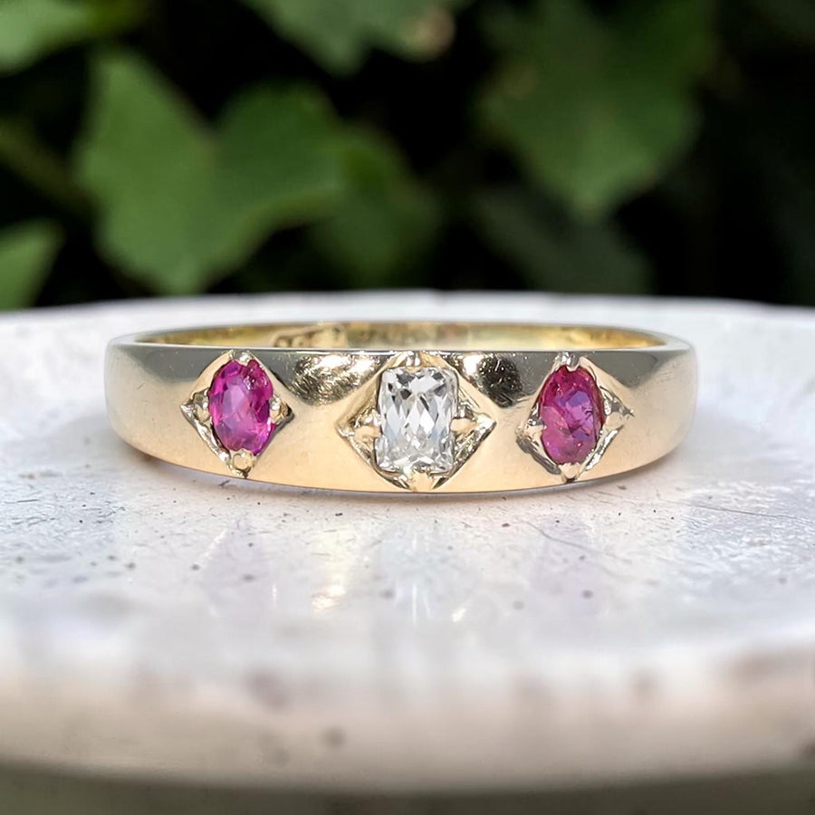 Antique Victorian 18 karat gold ruby diamond three stone ring