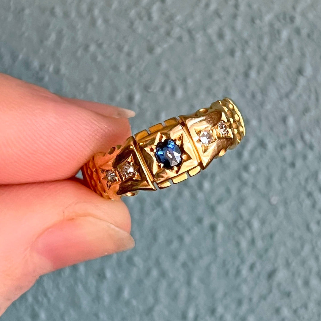 Close up antique sapphire gemstone showing rich color