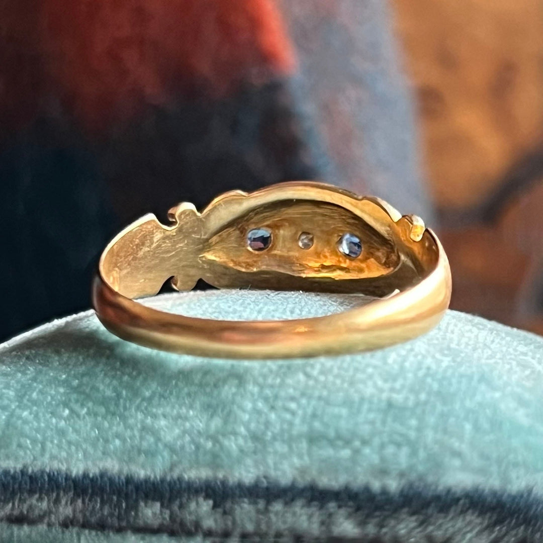Antique Victorian 18 Karat Gold Sapphire and Diamond Three Stone Ring, Birmingham 1893, English Sapphire Ring