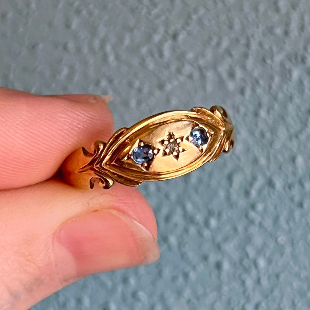 Detail of sapphire setting antique gold ring