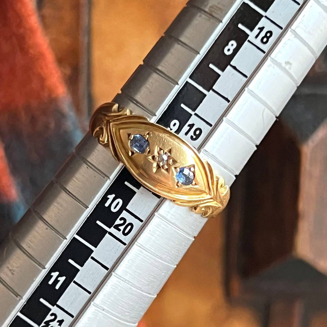 Antique Victorian 18 Karat Gold Sapphire and Diamond Three Stone Ring, Birmingham 1893, English Sapphire Ring