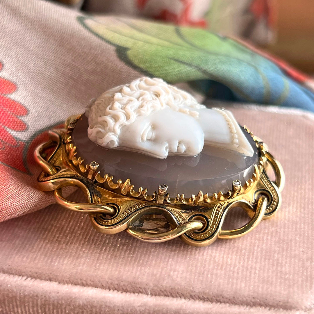 Antique Victorian 18k Gold Cameo Brooch Diamond Enamel Sardonyx, c. 1870