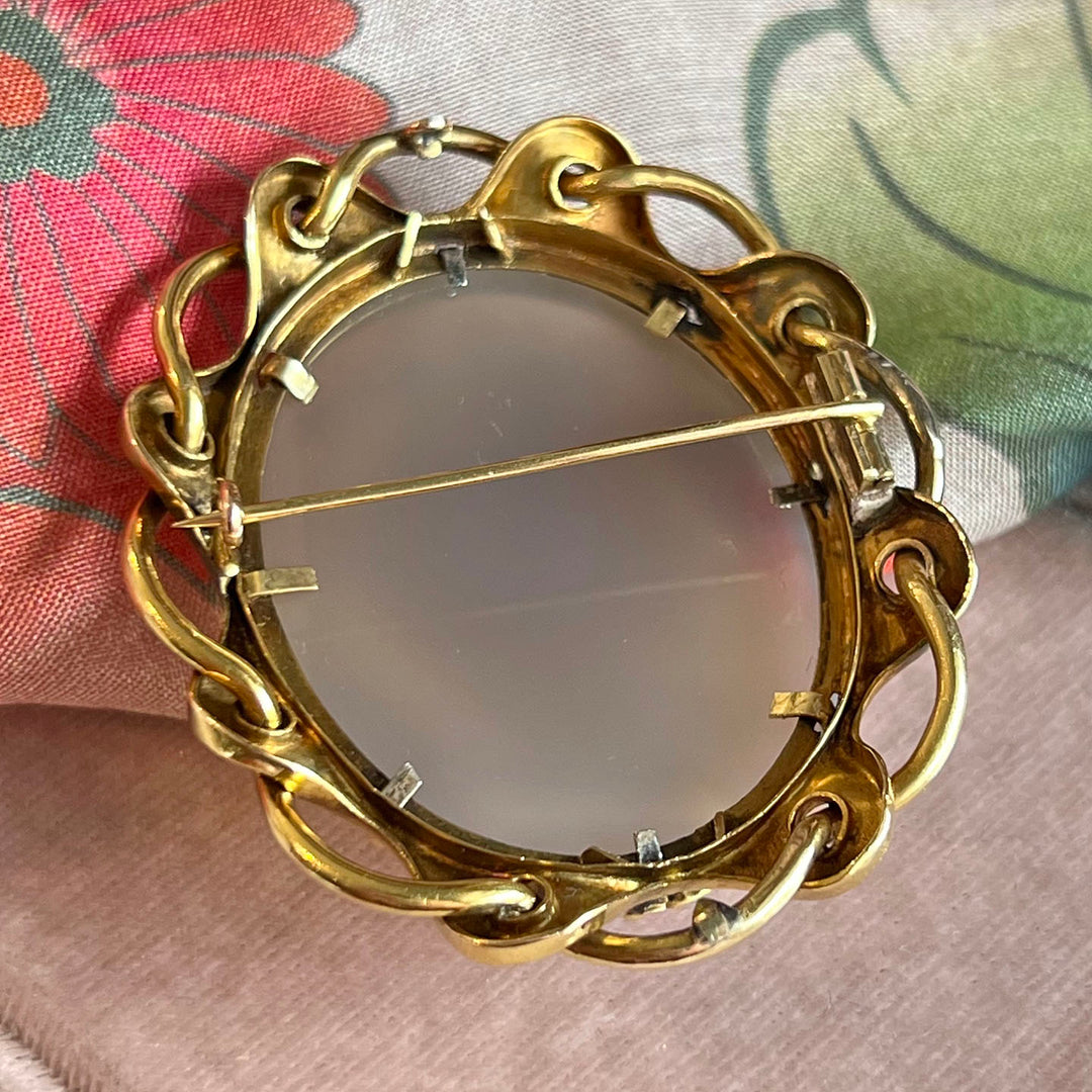 Antique Victorian 18k Gold Cameo Brooch Diamond Enamel Sardonyx, c. 1870