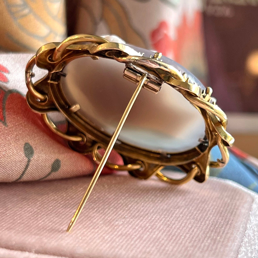 Antique Victorian 18k Gold Cameo Brooch Diamond Enamel Sardonyx, c. 1870