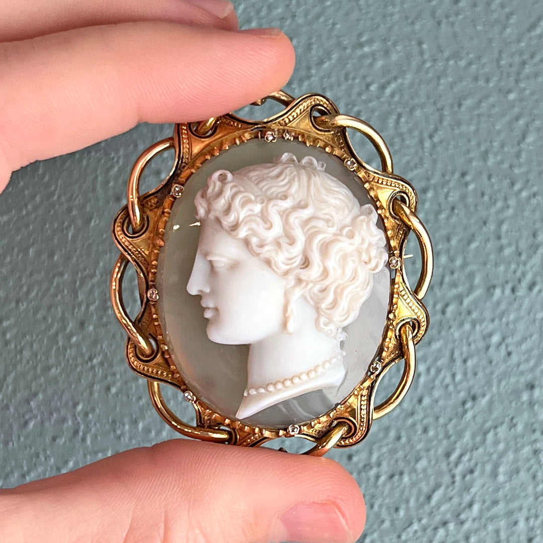 Antique Victorian 18k Gold Cameo Brooch Diamond Enamel Sardonyx, c. 1870