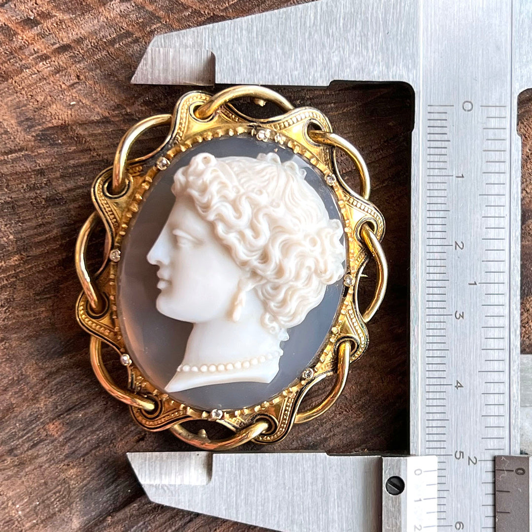 Antique Victorian 18k Gold Cameo Brooch Diamond Enamel Sardonyx, c. 1870