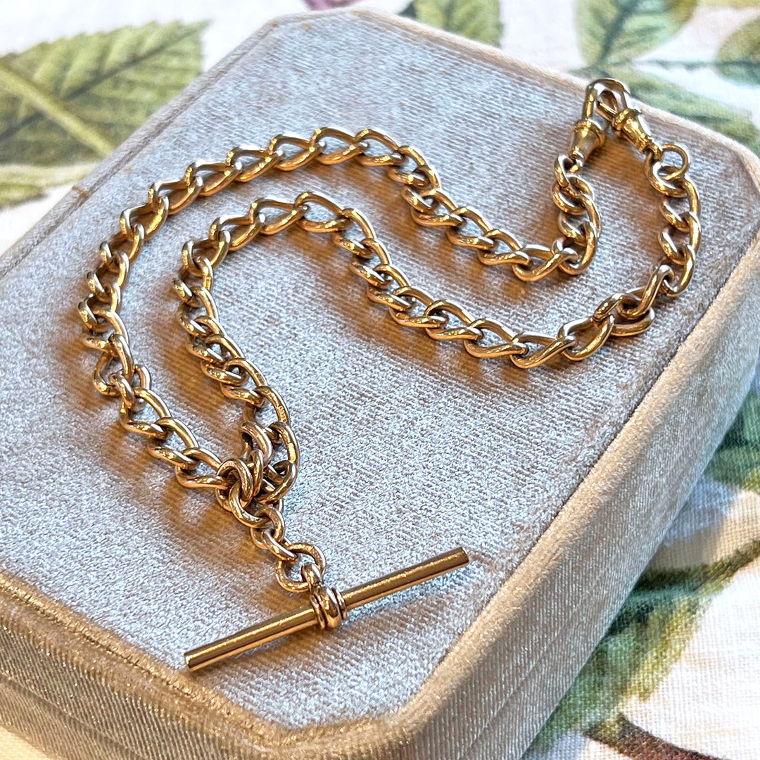 Antique Victorian 9K Gold Watch Chain with T-Bar, c. 1890