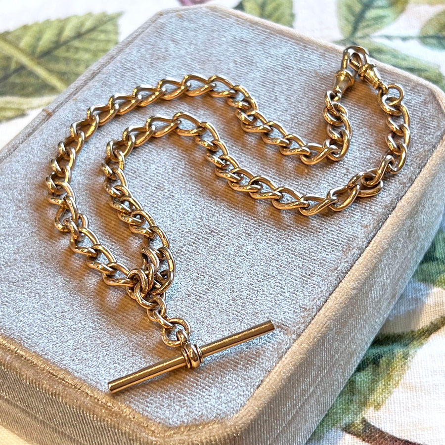 Antique Victorian 9K Gold Watch Chain with T-Bar, c. 1890