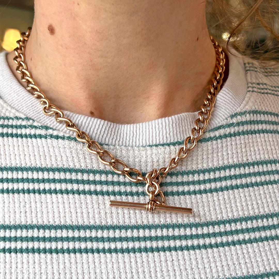 Antique Victorian 9K Gold Watch Chain with T-Bar, c. 1890