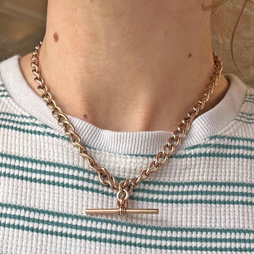 Antique Victorian 9K Gold Watch Chain with T-Bar, c. 1890