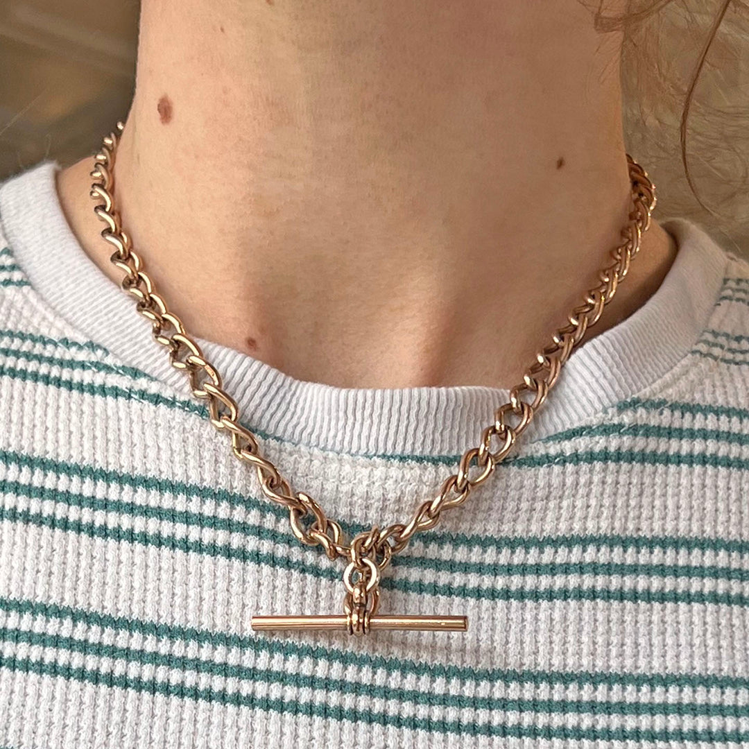 Antique Victorian 9K Gold Watch Chain with T-Bar, c. 1890