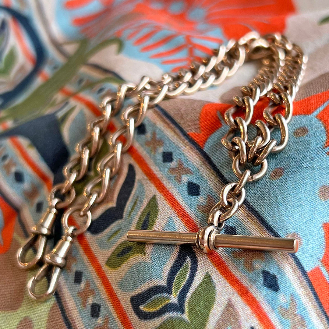 Antique Victorian 9K Gold Watch Chain with T-Bar, c. 1890
