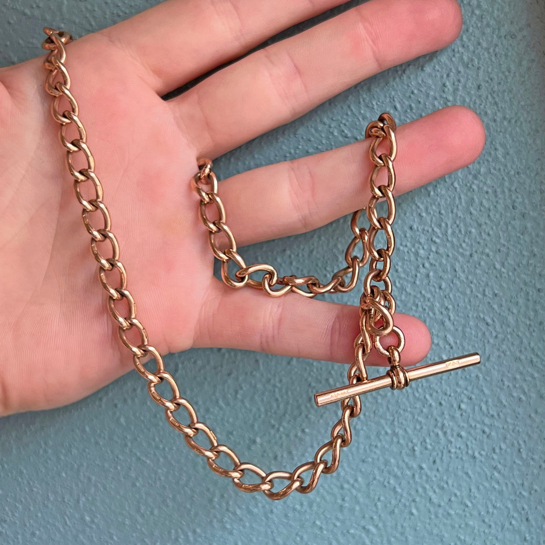 Antique Victorian 9K Gold Watch Chain with T-Bar, c. 1890