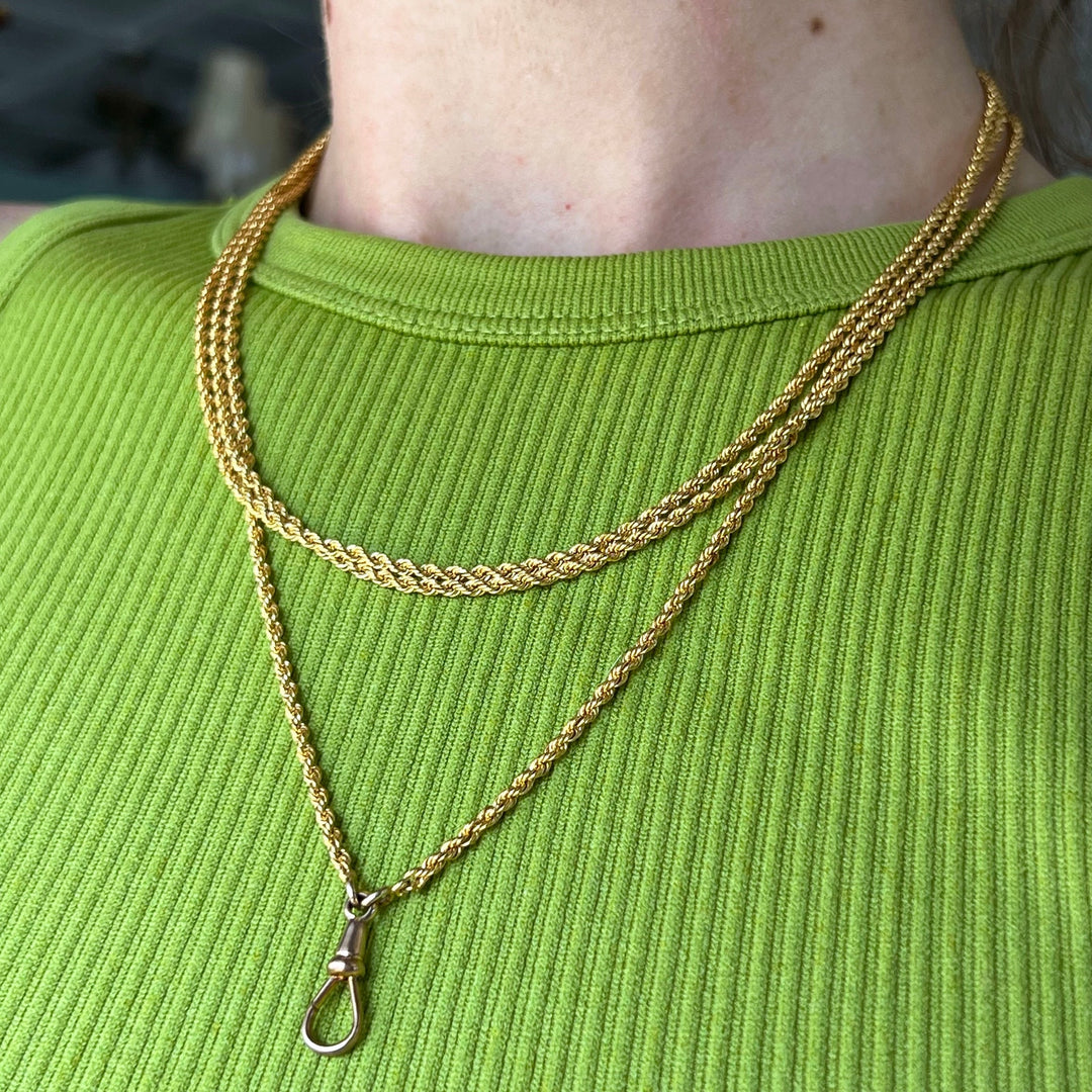 Antique Victorian 9 Karat Gold Long Watch Chain Necklace, Rope Link, c.1900