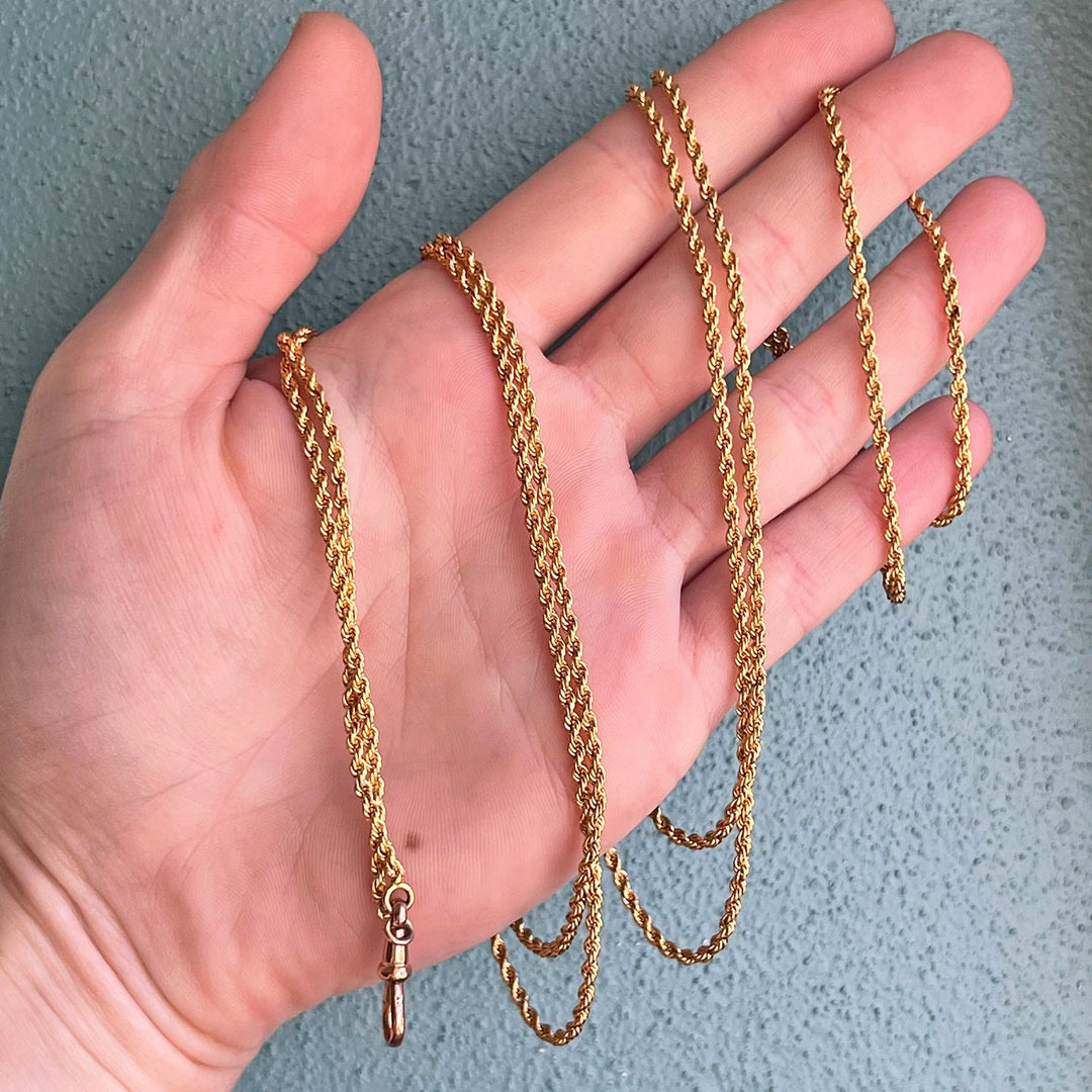 Antique Victorian 9 Karat Gold Long Watch Chain Necklace, Rope Link, c.1900