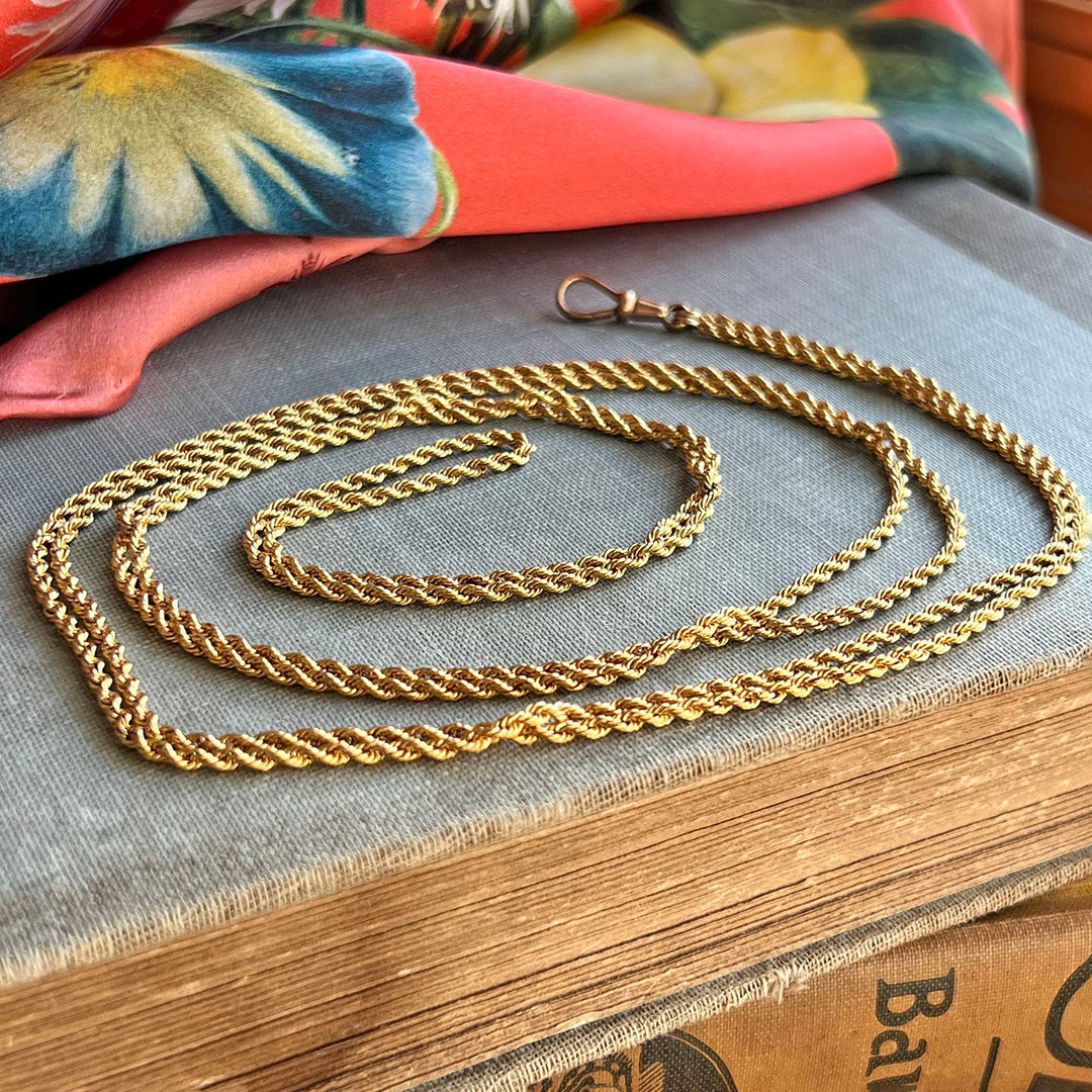 Antique Victorian 9 Karat Gold Long Watch Chain Necklace, Rope Link, c.1900