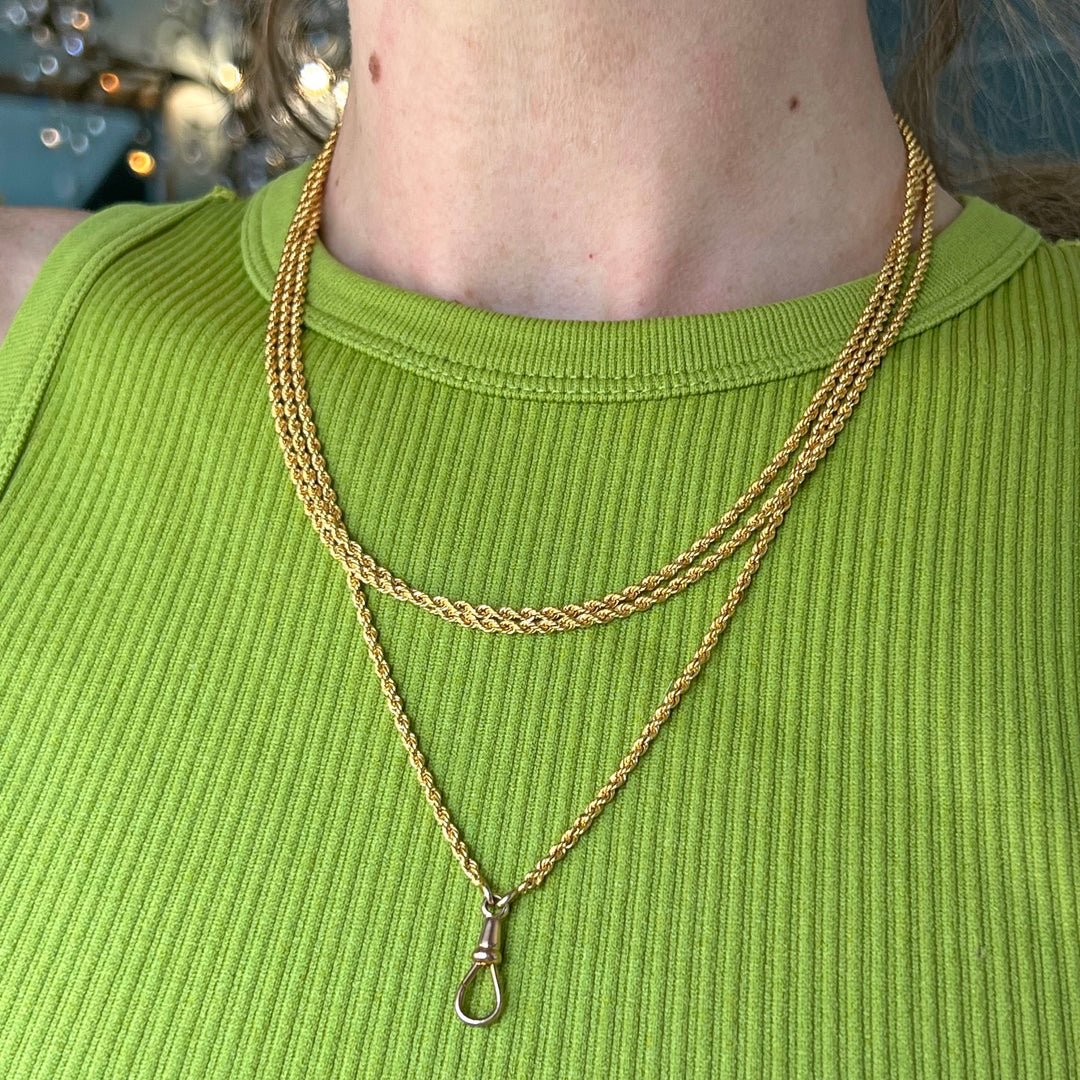 Antique Victorian 9 Karat Gold Long Watch Chain Necklace, Rope Link, c.1900