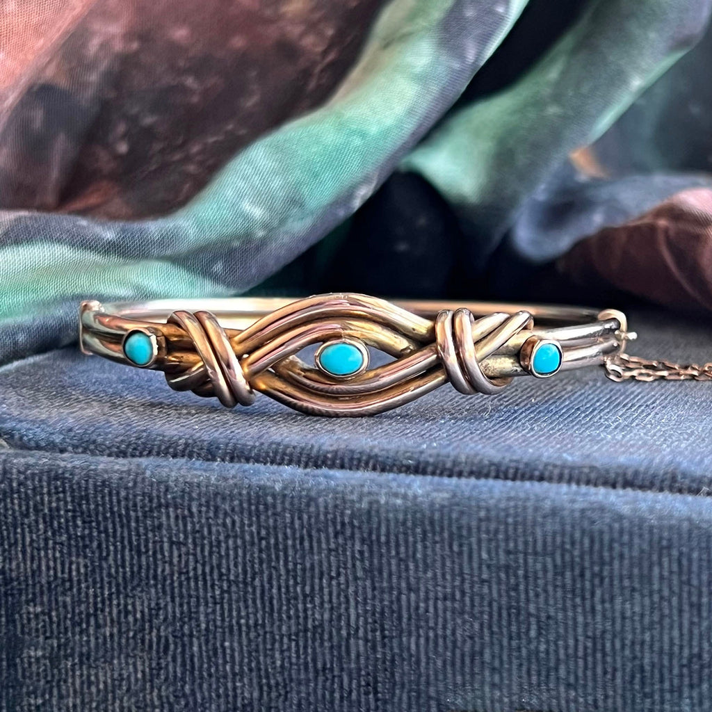Antique Victorian 9k Gold Turquoise Love Knot Bangle c. 1880