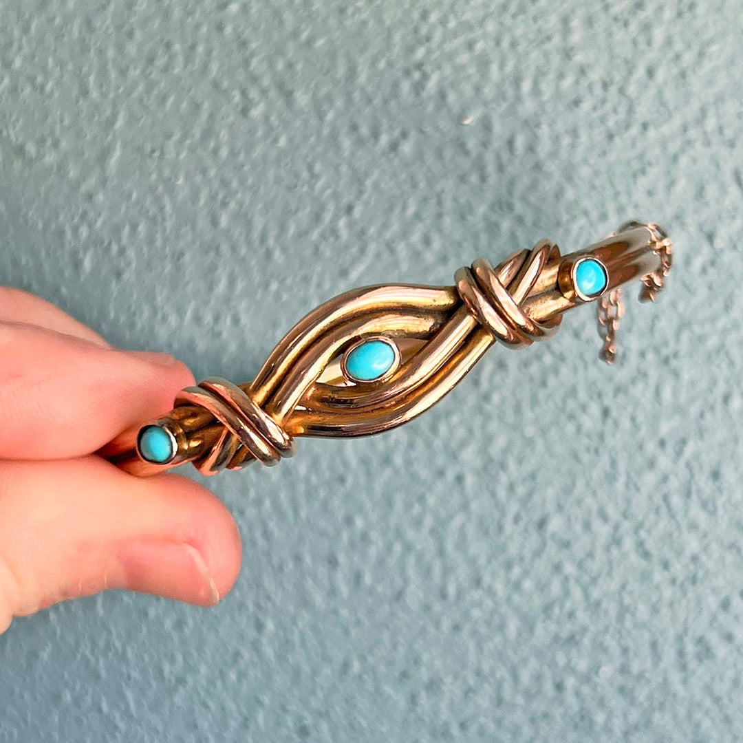 Victorian turquoise bangle love knot design 9k gold