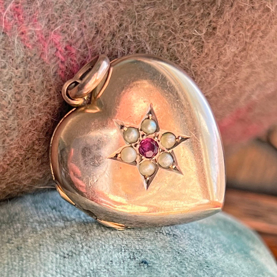 Antique Victorian 9k Ruby & Pearl Star-Set Heart Locket, c.1890