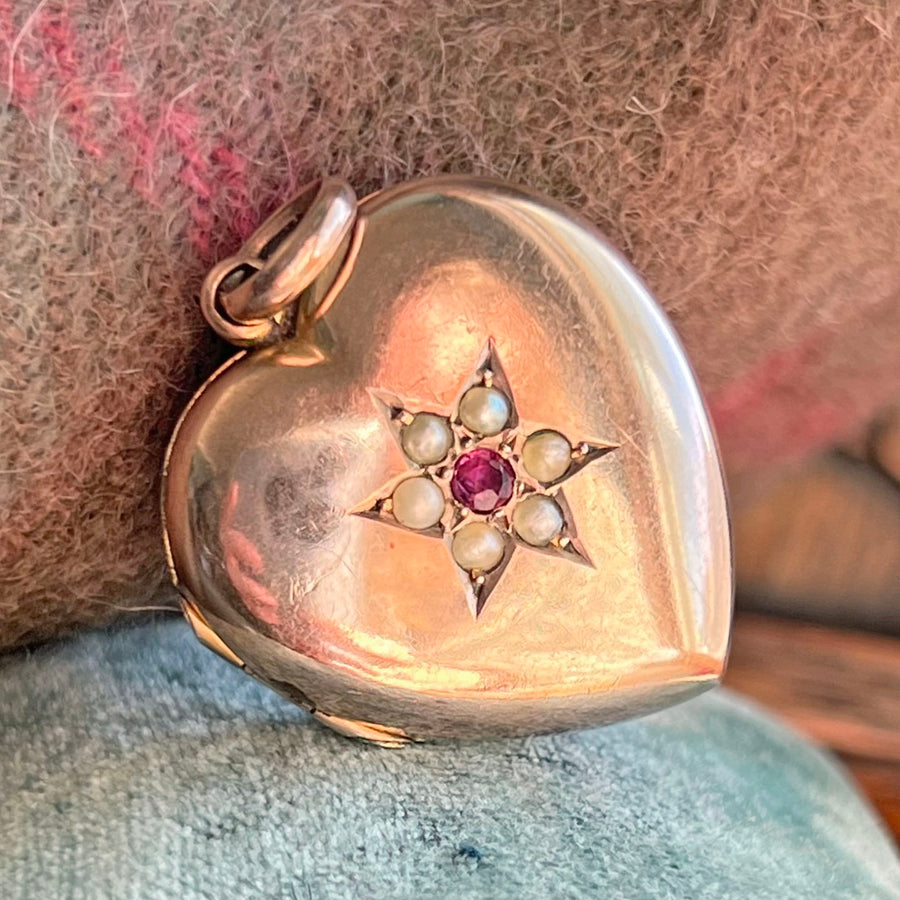 Antique Victorian 9k Ruby & Pearl Star-Set Heart Locket, c.1890