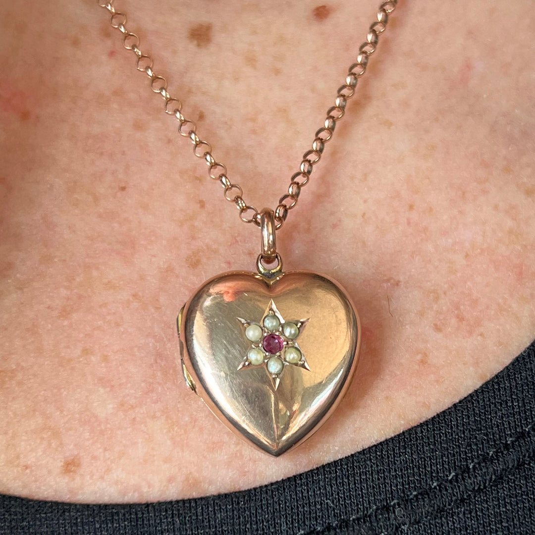Antique Victorian 9k Ruby & Pearl Star-Set Heart Locket, c.1890