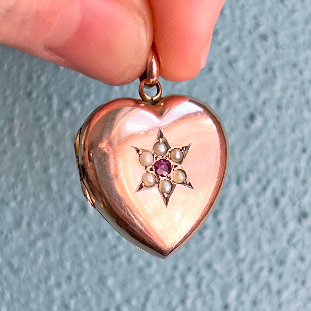 Antique Victorian 9k Ruby & Pearl Star-Set Heart Locket, c.1890