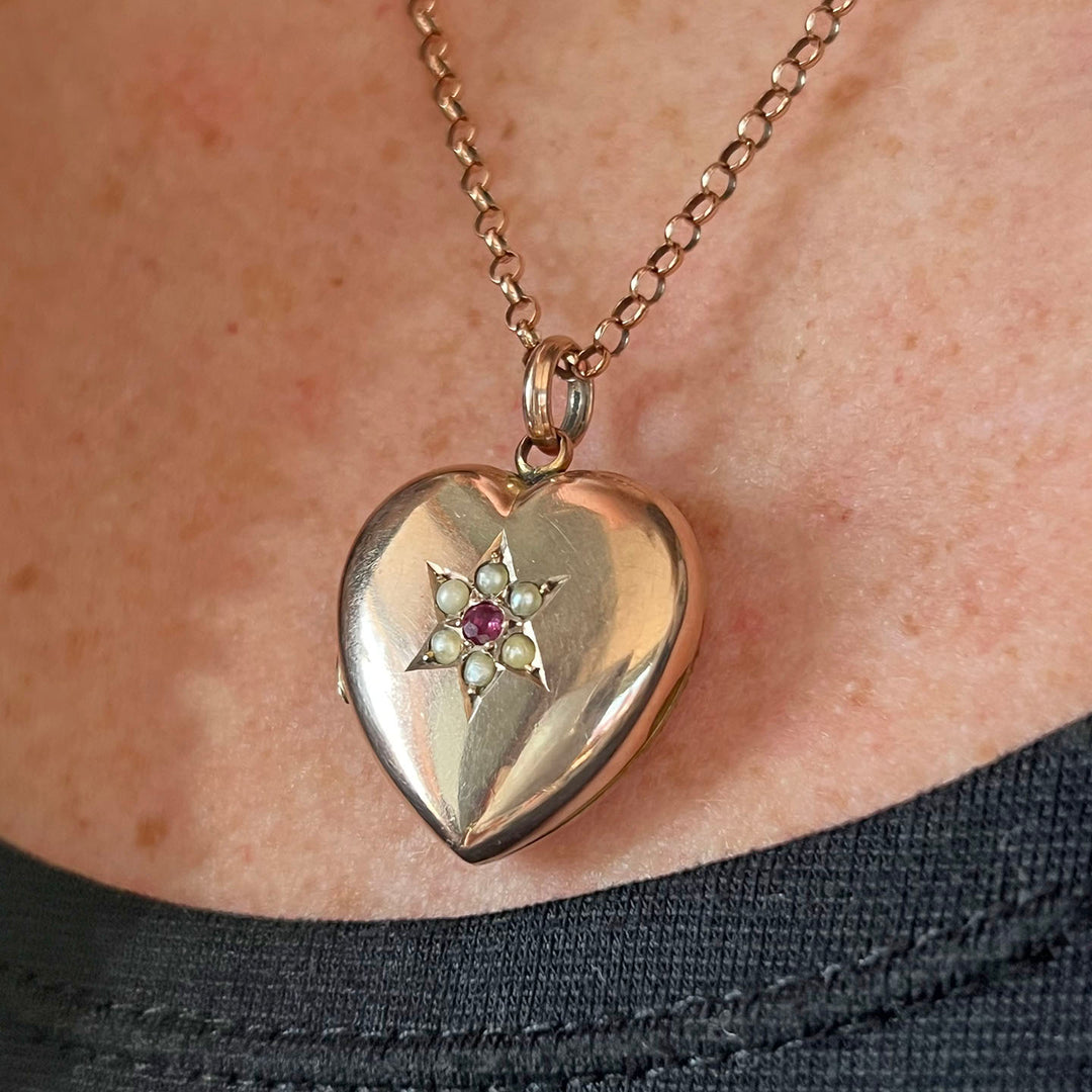 Antique Victorian 9k Ruby & Pearl Star-Set Heart Locket, c.1890